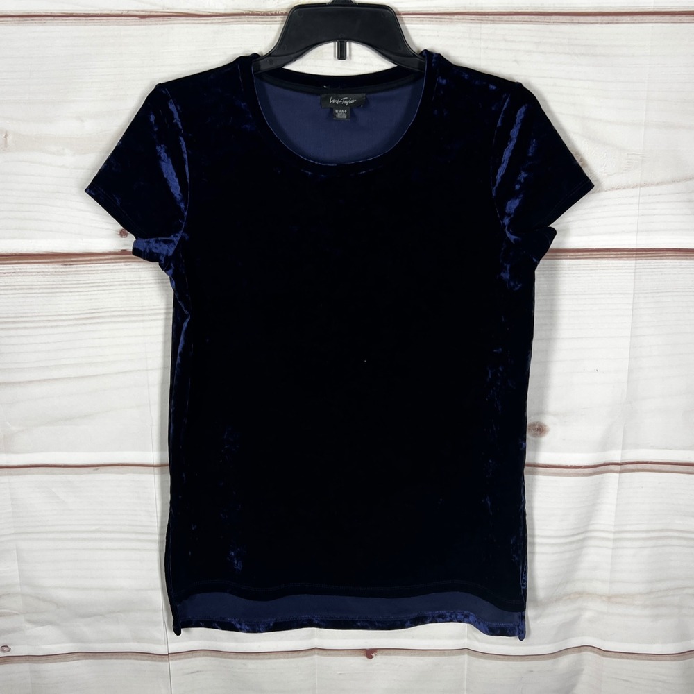 Lord & Taylor Velvet Top Womens XS Navy Blue Solid Short Sleeve Crew Neck Blouse